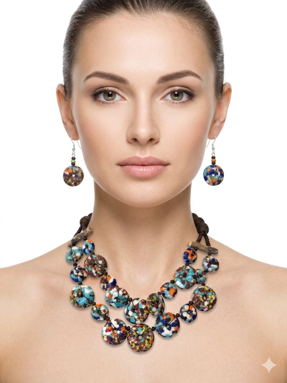 Multicolor Mosaic Bead Statement Necklace and Earring Set